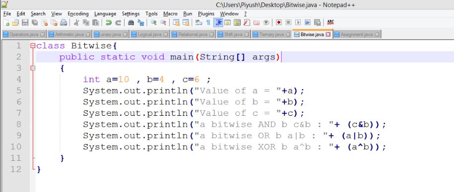 This image describes a sample program of bitwise operators in java.